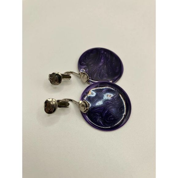 Purple Round Marble Clip-On Earrings Vintage! - Picture 7 of 11